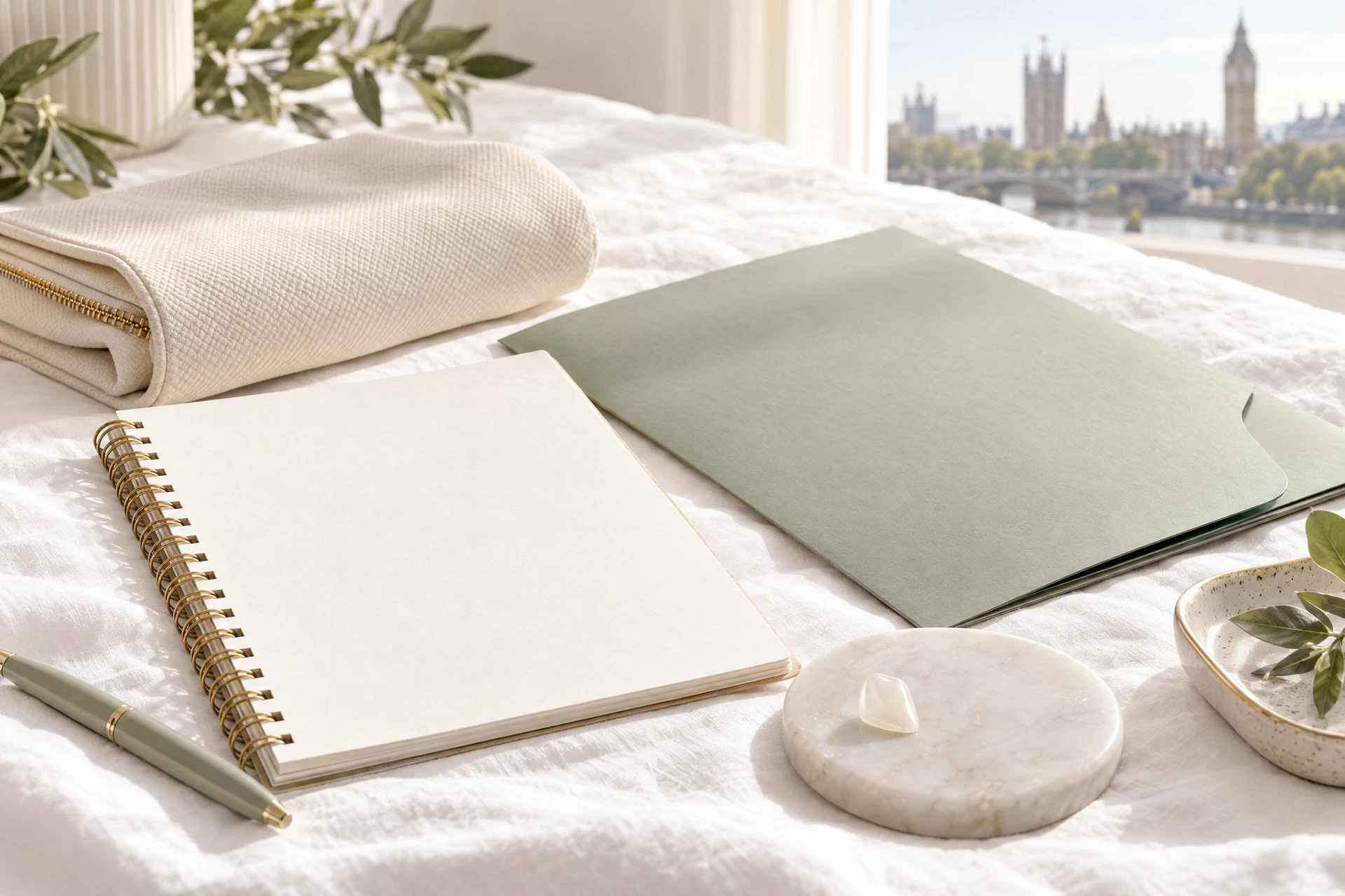 A blank travel notebook, unmarked folder, ivory toiletry pouch and porcelain veneer on white linen.