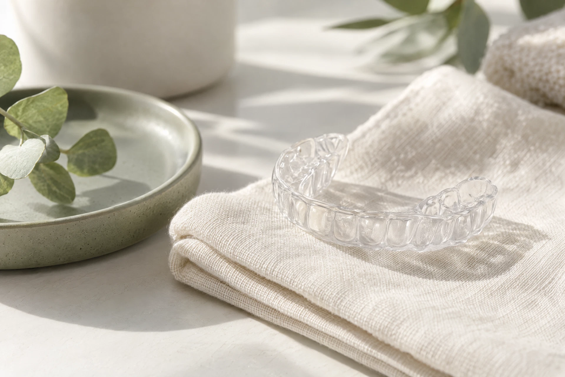 A clear night guard resting on ivory linen beside a matte ceramic tray.