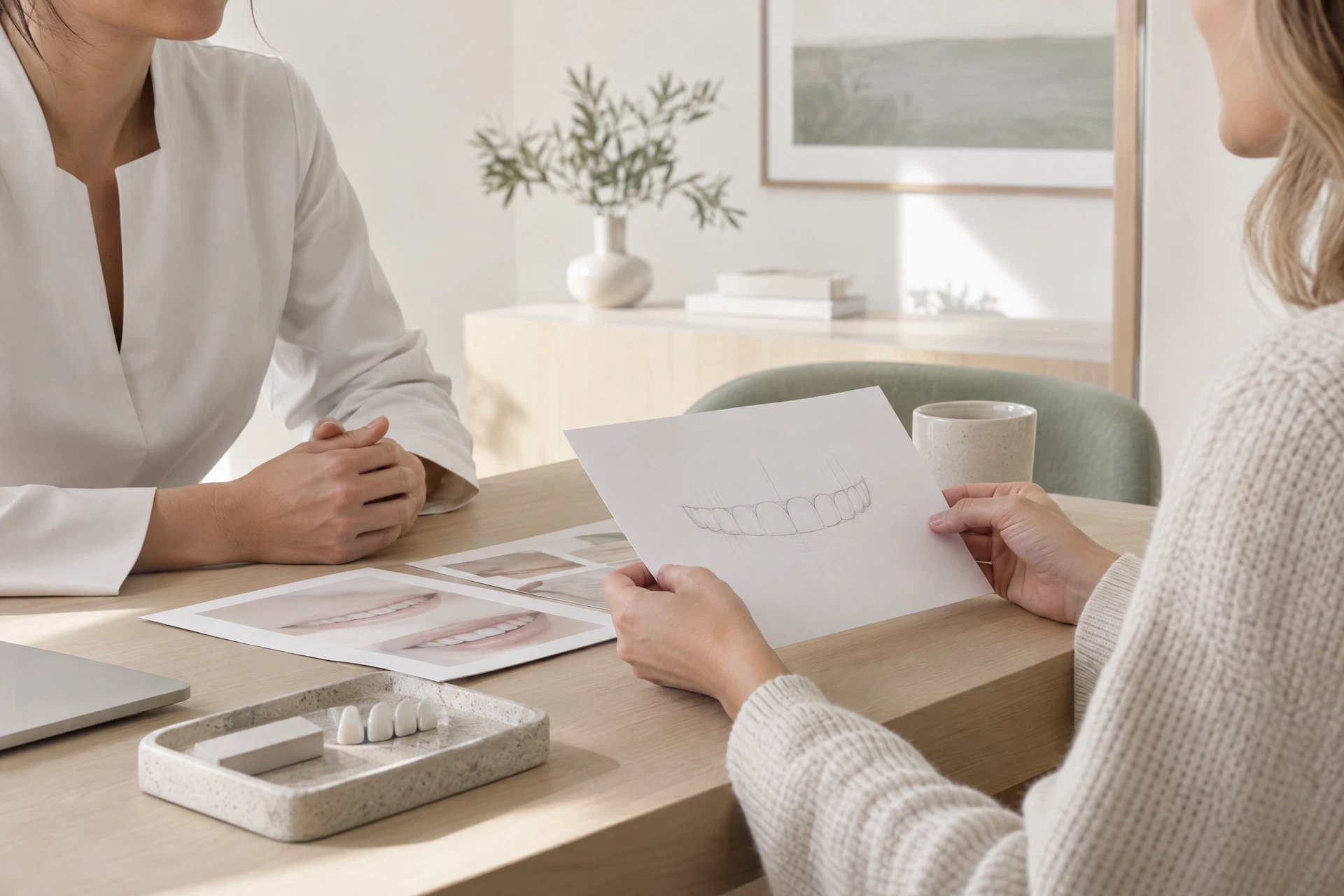 A calm consultation scene with a patient and clinician reviewing a smile-design sketch.