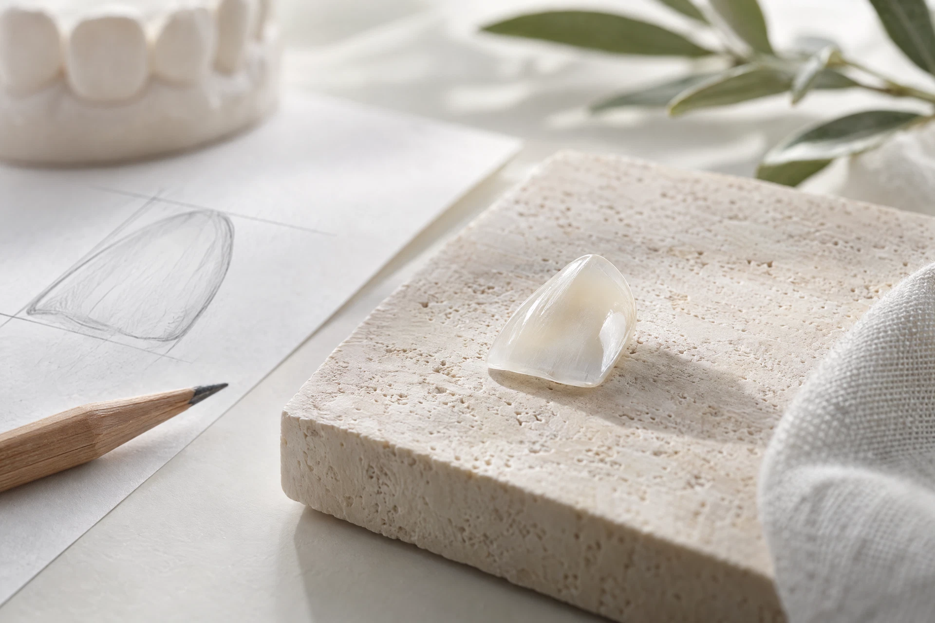 A translucent porcelain veneer beside a paper mock-up on a pale stone block.
