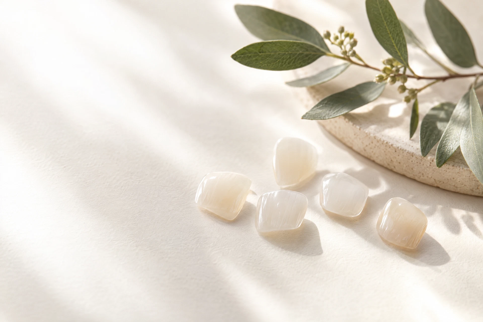 Translucent ceramic shade samples and a leafy branch on warm ivory paper.