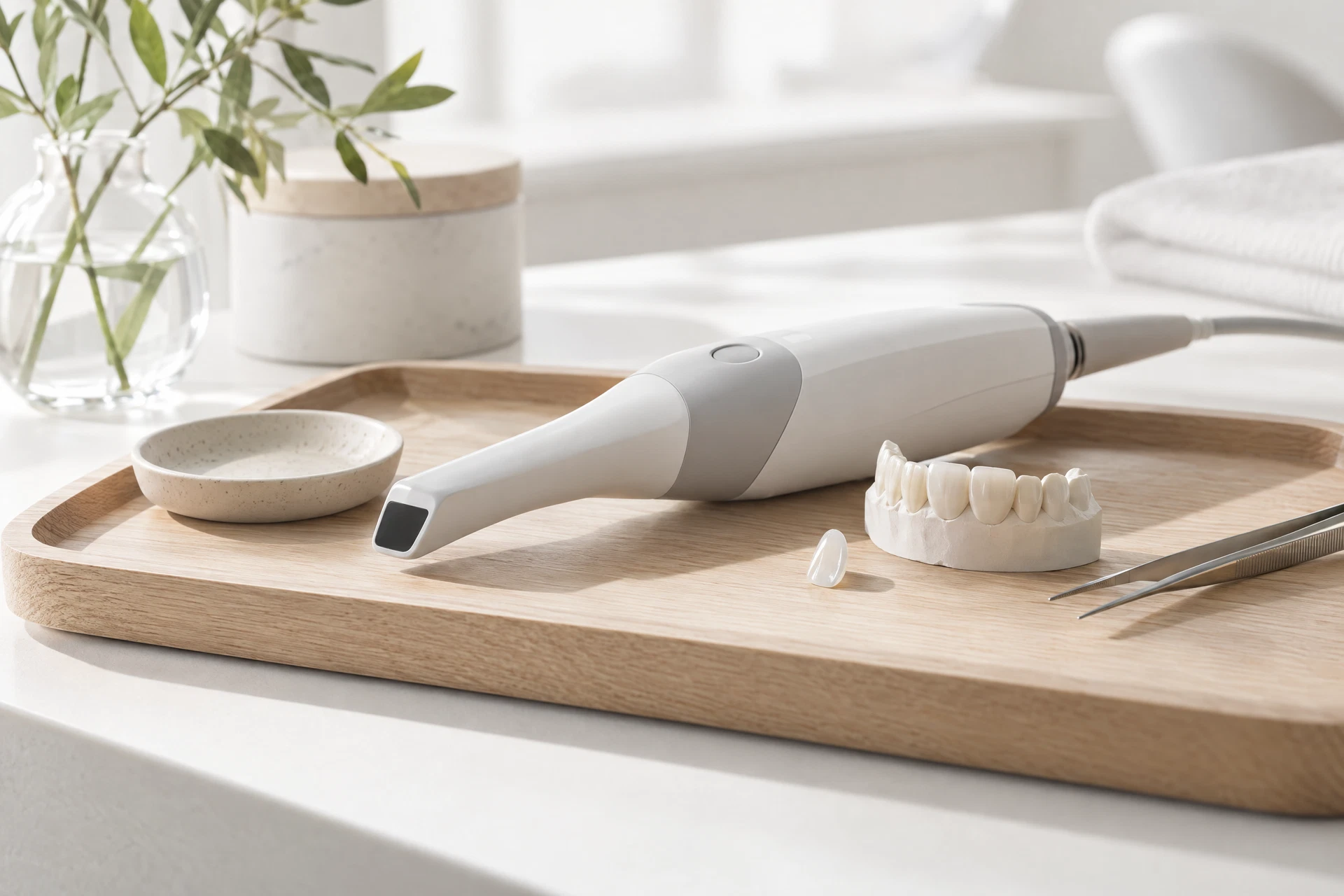 A digital intraoral scanner and porcelain model arranged as a calm still-life.