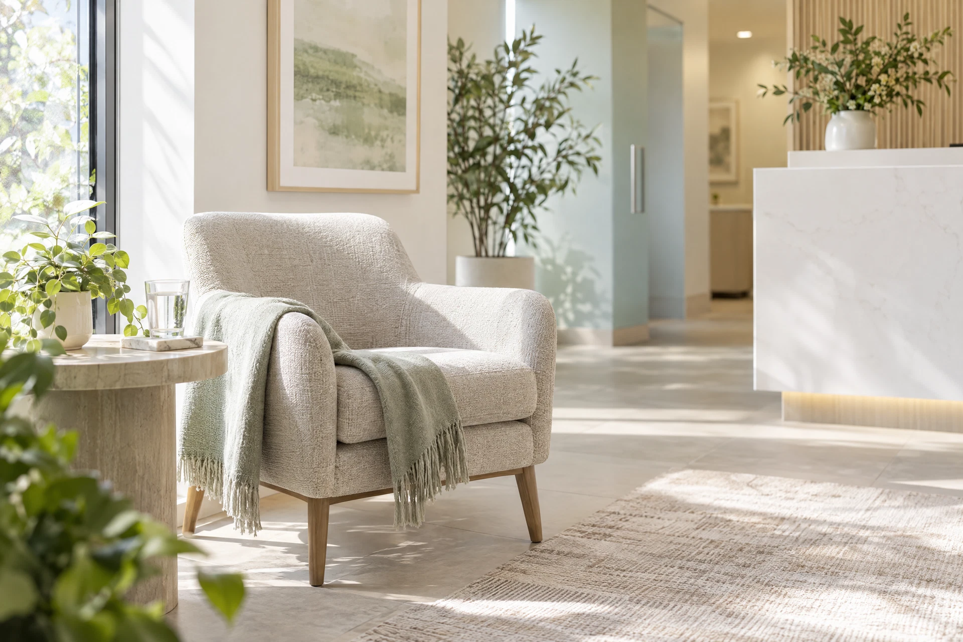 A quiet dental waiting corner with an oatmeal chair, folded throw and glass of water.