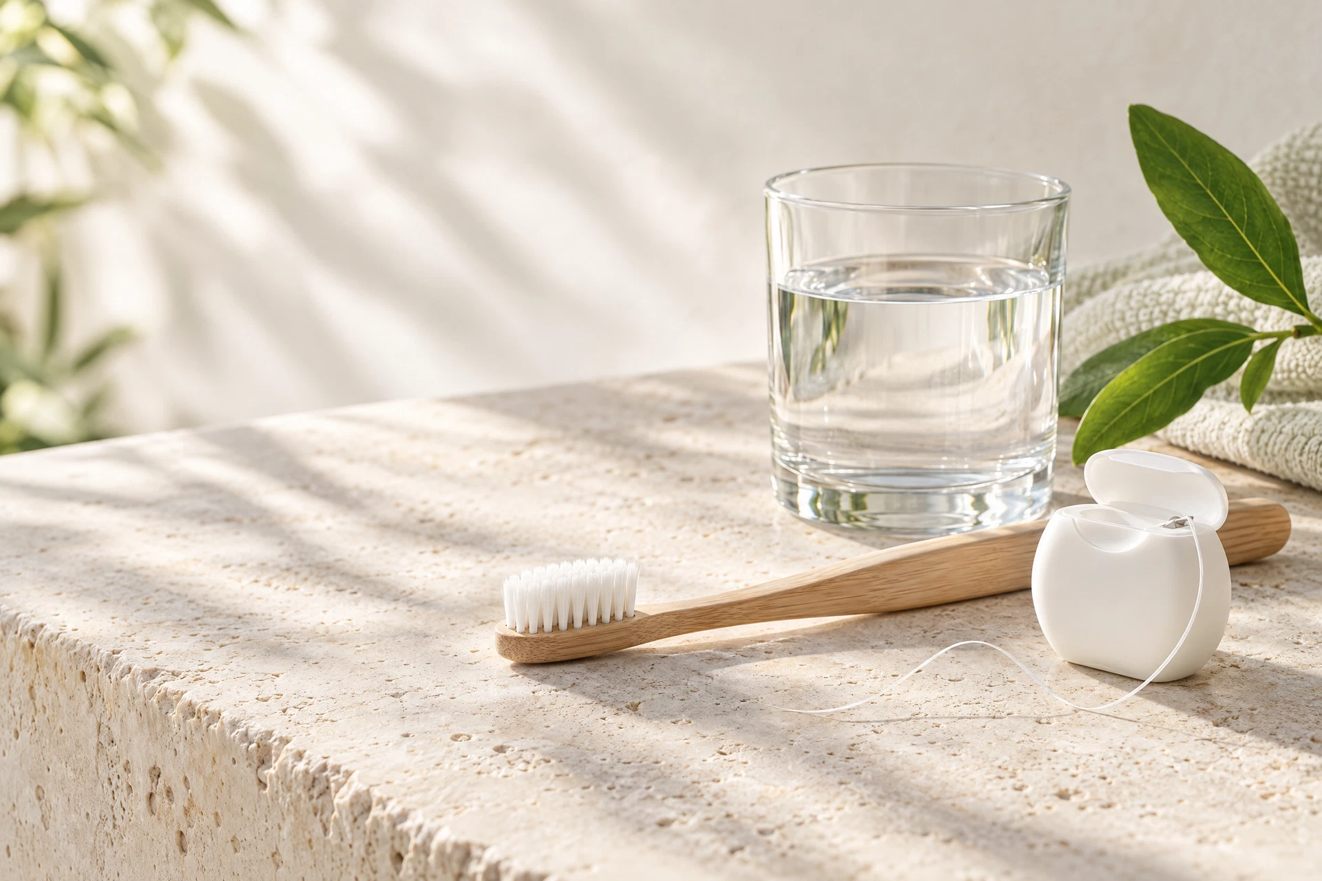 A soft toothbrush, dental floss and glass tumbler arranged on pale limestone.