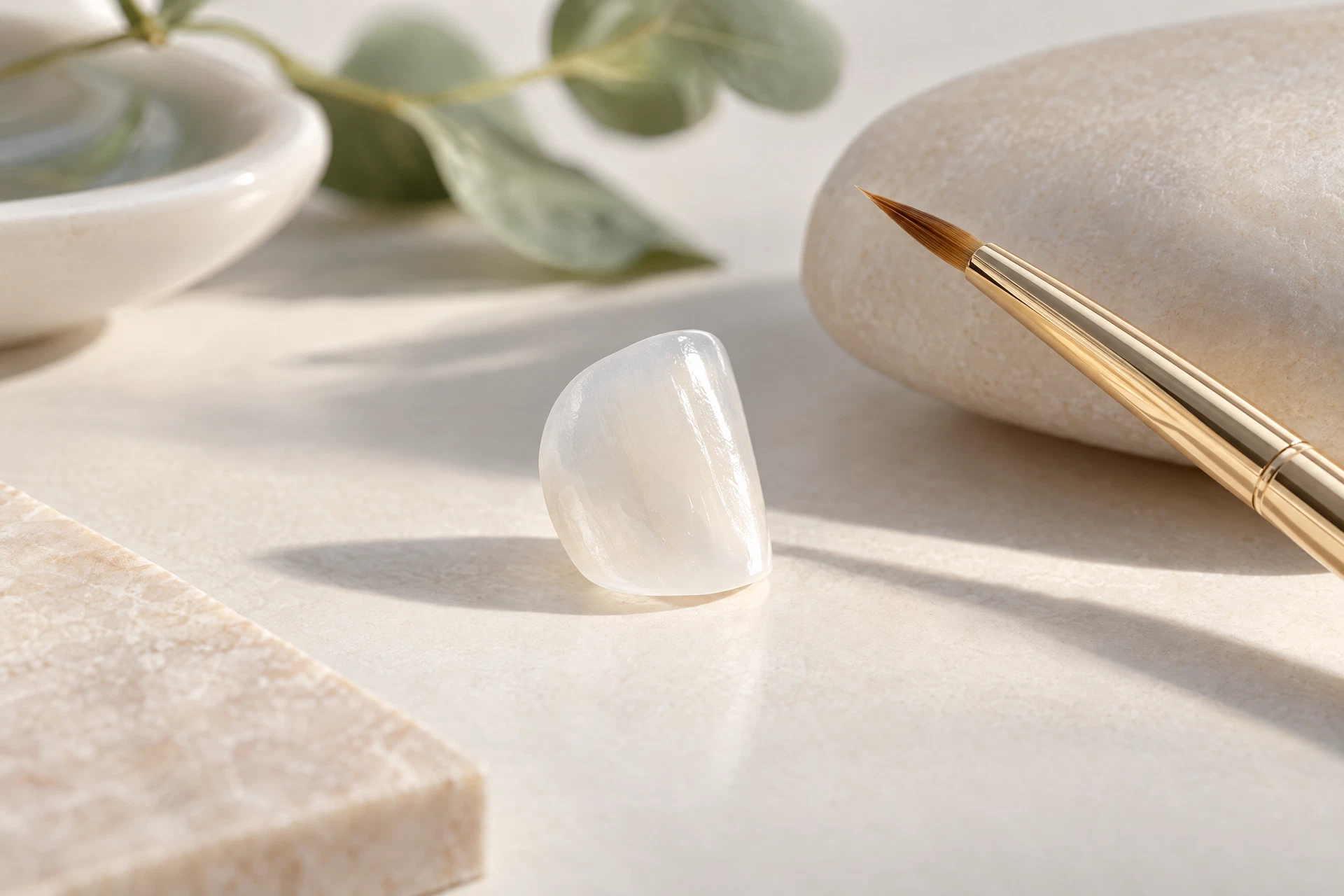 A translucent ceramic veneer beside a fine repair brush on pale stone.